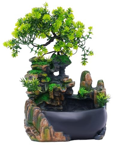 HINOPY Zimmerbrunnen, 220V Mini Tischbrunnen Wasserfall Grüne Pflanze Brunnen Steingarten Harz Desktop Brunnen Innen Wasserfall Geschenk Dekoration für Zen Meditation Home Office, 28 x 20 x 15 cm