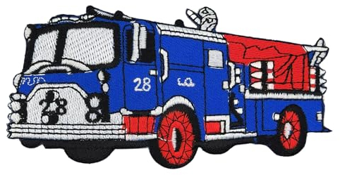 Feuerwehr Auto Blau Aufnäher zum aufbügeln oder aufnähen Bügelbild Aufbügler für Kleidung gestickter Bügelpatch Applikation Fire Truck USA Patch Größe 12 x 6 cm