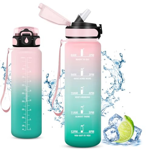 Vikaster Botella agua, Botellas Agua Niños sin BPA, 1l Botella con pajita, a Prueba de Fugas, Fácil de Abrir, Botella reutilizable, Running, Niños, Bicicleta