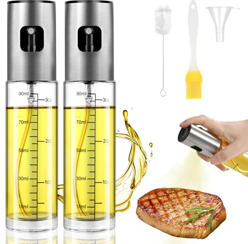OFFCUP Oil Sprayer, 100ml Oil Dispenser with 1 Funnel 2 Brushes, Food-grade Glass Olive Oil Spray Bottle, for Cooking, Kitchen, Cooking, Salad, Bread Baking, BBQ, Air Fryer (2pcs)