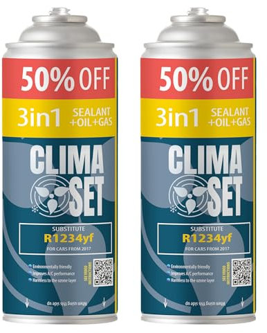 ClimaSet Recambio gas R1234yf 3in1 - Kit recarga aire acondicionado coche 2x235 g - Sustituto del refrigerante R1234yf - botella refrigerante coche - Gas aire acondicionado coche - ECO