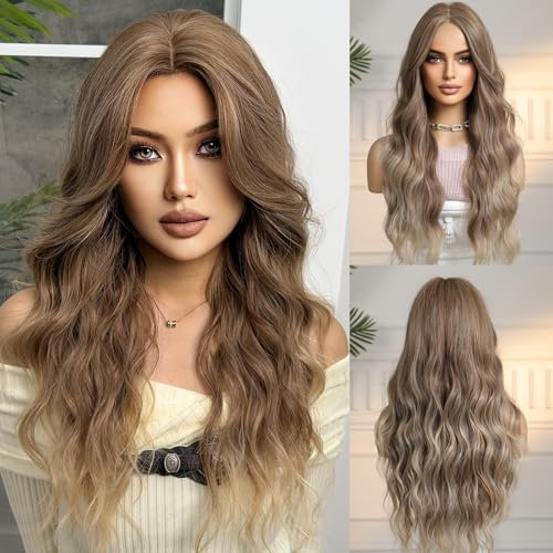 OUFEI Lange Gewellte Ombre Gemischt Braune Perücke für Frauen Große Kopfhaut Natürliches Synthetisches Haar Hitzebeständig Ombre Perücken für Die Tägliche Party Cosplay Tragen