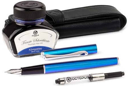 Diplomat Traveller Funky Blue Fountain Pen Set, Metal Fountain Pen Set with Leather Pen Case, Royal Blue Writing Ink and Ink Converter, Fountain Pen with Stainless Steel Nib Size M