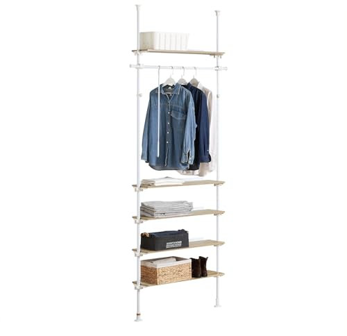 SoBuy Teleskopstange Kleiderständer mit 1 Kleiderstange und 5 Ablagen Teleskop Garderoben System Verstellbares Garderobenständer B 97 x H (193-262) cm Weiß & Natur KLS15-WN