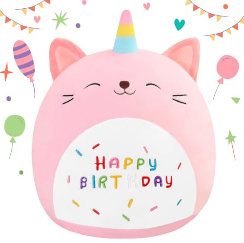 SQEQE Happy Birthday Stuffed Animal 10 Cat Soft Toys Cute Plush Pillow Unicorn Cat Soft Plush for Kid Girl Boy Pink 25CM