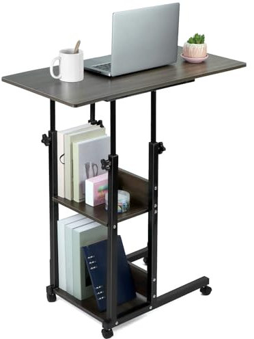 QWORK® Höhenverstellbarer Beistelltisch mit Rollen, 80x40cm, Schwarz, für Schlafzimmer, Wohnzimmer