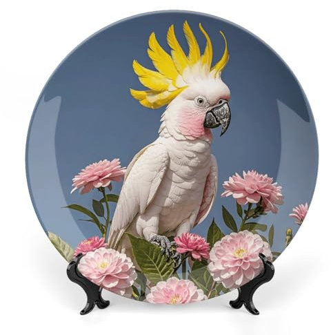 NONHAI 15,5 cm Knochenporzellan Dekoteller mit Präsentationsständer Keramik Dekoteller Schöne Kakadu Vogel Blume Keramik Ornament Teller Keramik Speiseteller Basteln Dekorative Teller für Zuhause