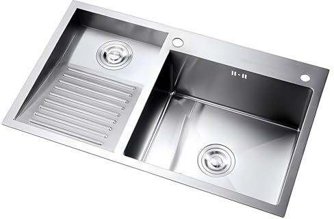 Fregadero De Uso General Negro SUS, Con Superficie De Partículas, Fregadero De Lavandería Plateado, Con Tabla De Lavar Integrada, Piscina De Lavado De Doble Tazón Para El Hogar(Silver-A,100x48x22cm)