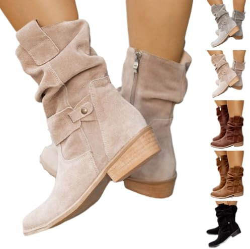 NaLatia Bottes de Cowboy Mollets Larges Femme - Bottines Motard en Daim Avec Fermeture éclair Plissées Chaussures d'Hiver