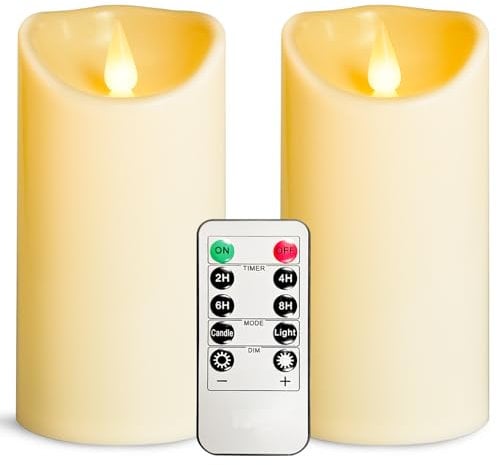 YIWER Flameless LED Candles Outdoor Indoor Battery Operated Flickering Candles with Remote Timers,Won't Melt,Ivory Plastic Candle D3.15 x H6 for Party Christmas Valentine's Day(2 pcs
