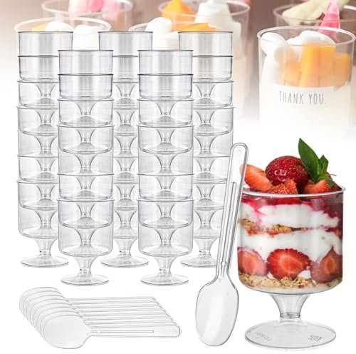 Oungy 100Pack Mini Dessert Cups with Spoons, 160ml Plastic Round Dessert Cups, Clear Parfait Appetizer Cup Reusable Serving Bowl for Dessert Pudding Mousse