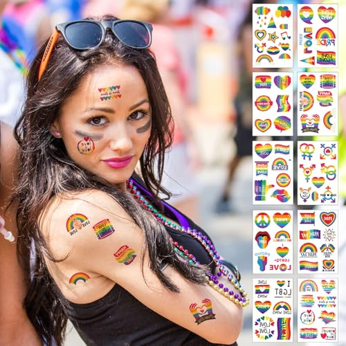 Pride Tattoos, Gay Pride Accessories, 10 Sheets Waterproof Rainbow Gay Pride Temporary Tattoos Stickers for LGBT Festival Body Face