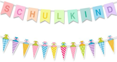 HUKUMA Einschulung Deko,Schulkind Girlande Banner Bunt,Schulanfang Deko Banner Mädchen Jungen,Schulstart Dekoration Banner,Zuckertüten Girlande Deko,Zuckerdekor Einschulung