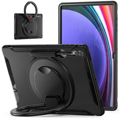 Compatible with Samsung Galaxy Tab S10 Ultra 14.6 inch 2024 SM-X920 Case with S Pen Holder & 360 Degree Swivel Kickstand Heavy Duty Hybrid Case Bumper Protective Kids Cover(Black)