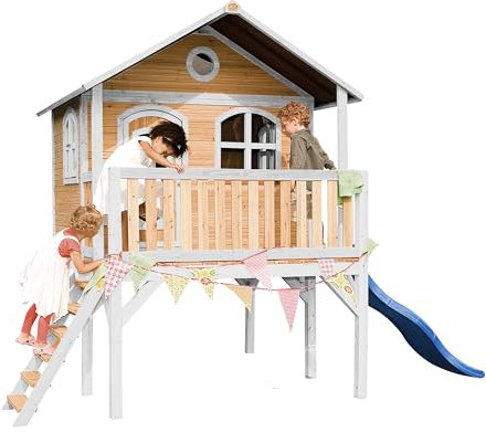 AXI Spielhaus Sophie mit Blaue Rutsche | Stelzenhaus in Braun & Weiß aus FSC Holz für Kinder | Spielturm mit Wellenrutsche für den Garten