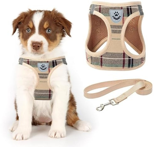 KOOLTAIL Hundegeschirr für kleine Hunde, weiches Netzgewebe, für kleine Hunde und Leine, verstellbar und bequem, gepolstert, reflektierende Weste für Welpen und kleine Rassen, Beige kariert, Größe S
