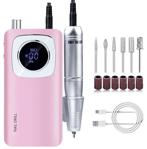 Nagelfräser für Gelnägel Professionell 45000 U/min: Madenia Fräser Nägel Kabellose mit LCD Display, Tragbare Elektrische Nagelfeile für Acrylnägel Maniküre Salon & Zuhause (Rosa)