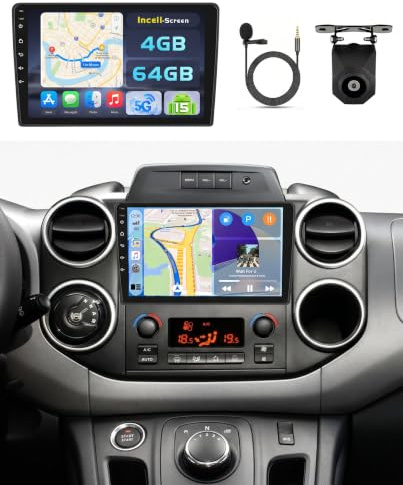 Hikity Autoradio Android 15 4G+64G per Peugeot Partner 2008-2019 | per Citroen Berlingo B9 2008-2017, 9 Incell-Screen, Wireless Carplay Android Auto FM/RDS BT GPS WiFi SWC + Telecamera+MIC