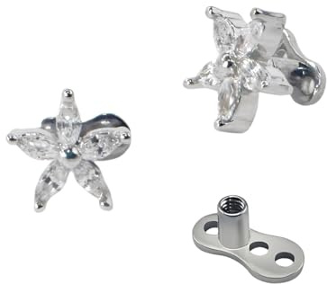 Dermal Anchor Tops und Basis (1,6 x 2,5 mm) – 2 Stück Blumen-/Stern-Design, Edelstahl, Zirkonia, Oberfläche, Haut, mikrodermales Körperpiercing, Schmuck für Damen und Herren, S, Edelstahl, Zirkonia
