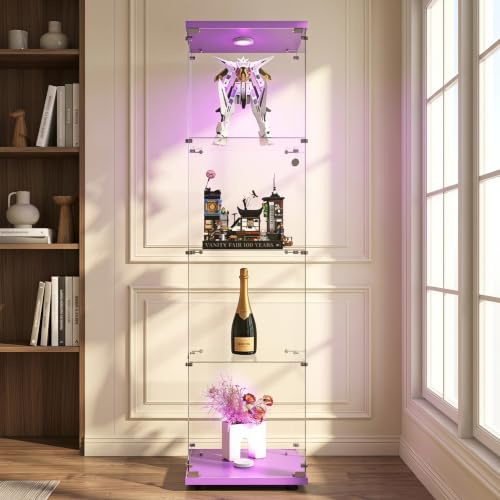 MEXUS Vitrine en Verre, Meuble de Rangement Autonome avec éclairage LED, vitrine en Verre à 4 Couches, Convient pour Bureau, Salon, Cuisine, 164 x 42,5 x 36,5 cm (Noir)