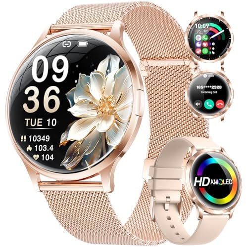 Smartwatch Damen mit Telefonfunktion, 1,32 AMOLED Display Ultradünn Smartwatch für iOS Android, 100+ Sportmodi, Herzfrequenz/Schlafüberwachung,Fitness Tracker/Schrittzähler/Kalorien,5ATM Wasserdicht