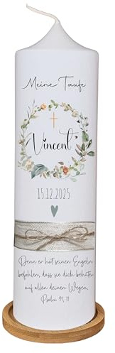 TAUFKERZE | KOMMUNIONKERZE | KONFIRMATIONKERZE Oscar -Blumenkranz mit Schleife- für Mädchen und Jungen | beschriftet mit Namen und Datum, Taufspruch