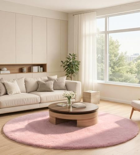 ROHATIM Teppich rund 160 cm Rosa, Kunstfell, flauschig, waschbar