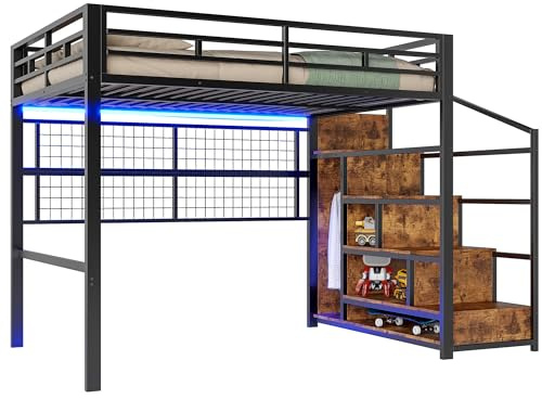 SOFTWEARY Hochbett mit RGB LED-Streifen, Wandgitter, Rausfallschutz, Lattenrost, Metallbett, Kinderbett, Treppe mit Regal, Kleiderschrank (schwarz, 140x200 cm)