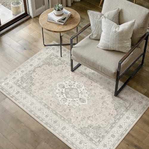 PureCozy Teppich Wohnzimmer 120x170cm Vintage Waschbarer Tepich,Beige | Rutschfest Kurzflor,Weich Teppiche,Wohnzimmerteppich,Schlafzimmer,Esszimmer,Büro,Kinderzimmer