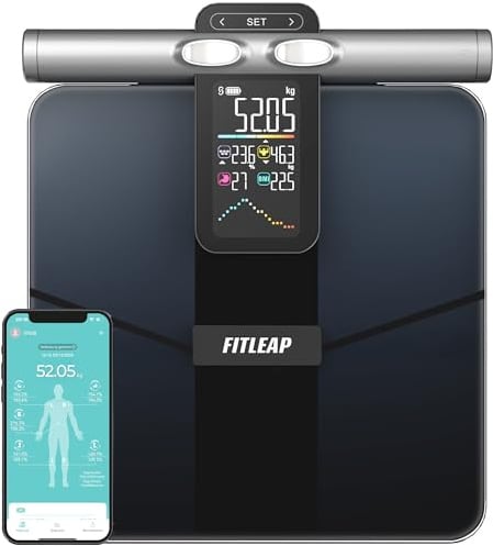 Fitleap Körperfettwaage mit Griff, 8 Elektroden und 21 Messwerte per App | Die Personenwaage misst Körperfett, Muskelmasse und Wasseranteil, zeigt BMI sowie viszerales Fett und speichert 24 Profile