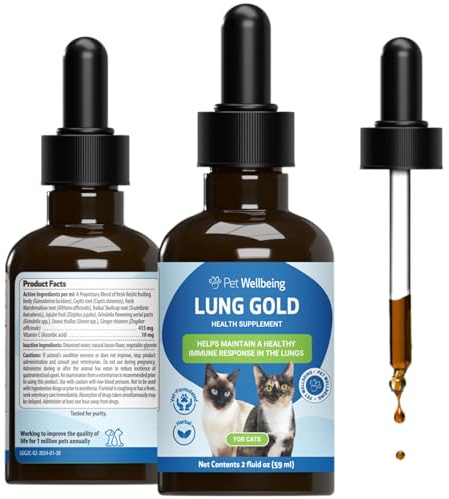 Pet Wellbeing Lung Gold for Cats - Lung & Respiratory Function, 2 oz | NASC Certified & Vet-Formulated Liquid Lung Supplement with Reishi & Marshmallow Root for Immune Defense & Airway Support