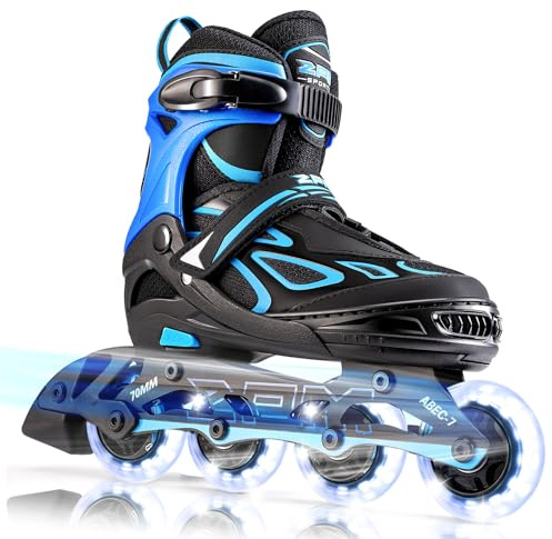 2PM Sports Vinal Boys and Girls Adjustable Flashing Inline Skates, All Wheels Light Up, Fun Illuminating Skates for Kids and Men- Azure Medium(1Y-4Y US)