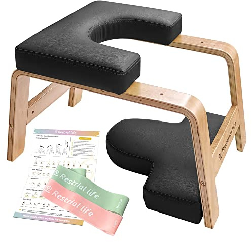 Restrial Life Yoga Headstand Bench- Stand Yoga Chair for Family, Gym - Wood and PU Pads - Relieve Fatigue and Build Up Body (Black), 24.50*15*15.40inch