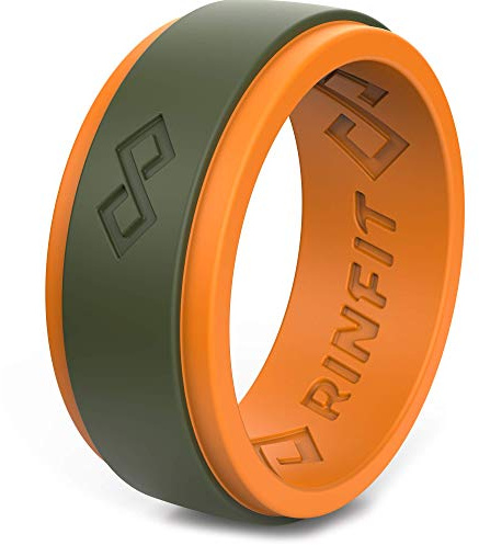 Rinfit Ehering aus Silikon für Herren, 1 oder 3 Ringe, RinfitAir atmungsaktives Design, Silikongummi, Ehering für Herren, Größe 7-14 (7, Orange & Armeegrün)