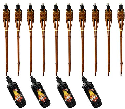 10x Bambusfackeln Fackel Deluxe 90 cm dunkelbraun + 4x 1000ml Lampenöl Gartenfackel Ölfackeln Garten Deko Öllampe Wegleuchte