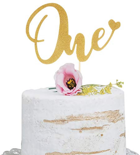 Gold One Cake Topper for 1st Birthday - Golden Glitter Love Heart Cake Decoration Supplies, Single Sided Cake Smash Decoration Photo Booth Props
