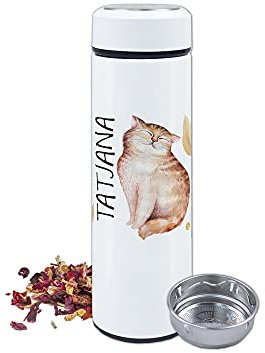GRAZDesign Teeflasche mit Sieb to go, Thermobecher personalisiert mit Namen, Teebecher Teekanne mit Siebeinsatz, Thermosflasche Edelstahl 500ml Motiv Süße Katze