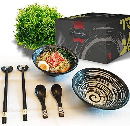 GlücksKompass Japanisches Ramen Schüssel Set aus Keramik (8-tlg), groß: 20 cm Durchmesser | Bowl Suppenschüssel asiatisch Reisschale chinesisch Schale Thai Geschirr Löffel Essstäbchen Stäbchen