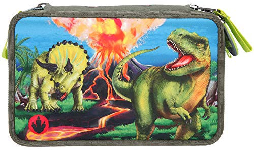 Depesche 11460 Dino World Federtasche gefüllt, mit LED Effekt, ca. 7,5 x 13 x 20 cm groß, mit 3 Reißverschlüssen, gefüllt mit Stiften von Lyra, Lineal, Schere, Kleber und kleinem Geheimfach