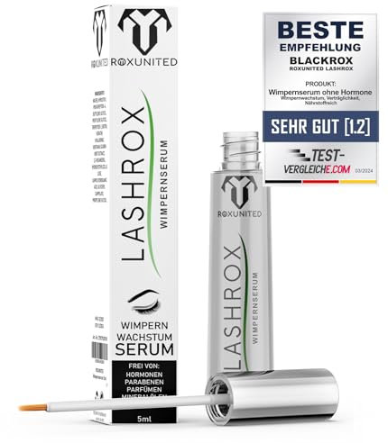 ROXUNITED BIO Wimpernserum 5ml [Hormonfrei] - Vergleichssieger - [mit Biotin & Koffein] - erhält natürliche Inhaltsstoffe - Fördert dichtere & kräftigere Wimpern - Vegan - 1x täglich