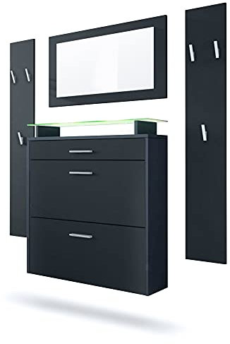 Vladon Garderobe Malea, Garderobenset bestehend aus 1 Hängeschuhschrank, 1 Wandspiegel und 2 Garderobenpaneele, Anthrazit matt/Schwarz matt, inkl. LED-Beleuchtung RGB