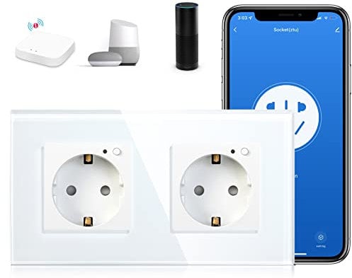 BSEED Schuko Smart Alexa ZigBee 2 Fach Steckdose 16A Glassteckdose, 1 Pack 1 Weg Weiß 157mm Unterputz-Installation APP-Steuerung Arbeit mit Alexa/Google Home DIY Free Spin Nur 2.4 GHz