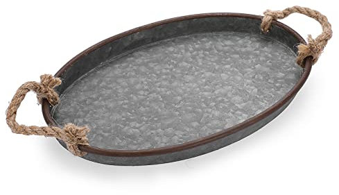 BSTKEY Glitzhome Plateau de service ovale en métal galvanisé avec poignée en corde 36 x 23 cm