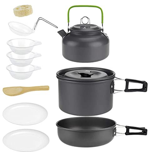 Queta Camping Cookware Set 12-Piece Outdoor Cookware Picnic Cooking Pot Pan Teapot Pot Aluminium for 2-3 People