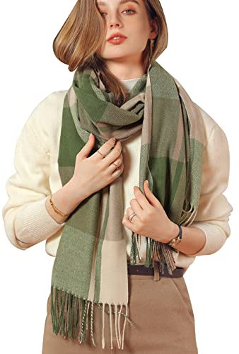 Baynetin Damen Winter Senior Plaid Kaschmir Schal,Kariert Pashmina Übergroßer Herbstschal Stolen,Tartan Schultertuch Mit Quasten,Karomuster Warmer Oversized Fransen Poncho (Grün)