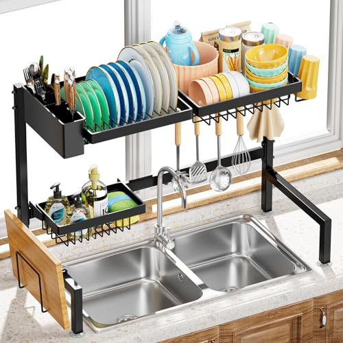 YKLSLH Égouttoir à Vaisselle à 2 Niveaux, pour Tous Les éviers (63 à 90,9 cm), égouttoir Extensible de Grande capacité, égouttoir en métal pour Cuisine et Utilisation familiale
