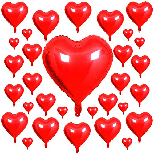 Songjum 31 Stück Folienballon Rotes Herz Ballons Valentinstag mit 32 Zoll Rote Herz Ballon Groß für Valentinstag Romantische Verlobung Hochzeit Jahrestag Brautdusche Geburtstag Deko