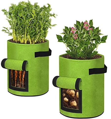YRHome 2 Stück Pflanztasche Kartoffeln Pflanzen Tasche 10 Gallonen Pflanzsack Kartoffelsack Pflanzbeutel Vliesstoff Tomaten Pflanztopf mit Klettfenster Griffen für Pflanzen Kartoffeln Blumen Grün