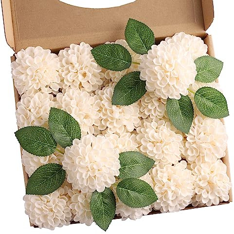 N&T NIETING Artificial Flowers 20pcs Fake Dahlia Flowers with Leaves and Stems, Foam Dahlia DIY Flower for Wedding Bouquets Floral Centerpieces Arrangements Shower Party Home Decor, Cream