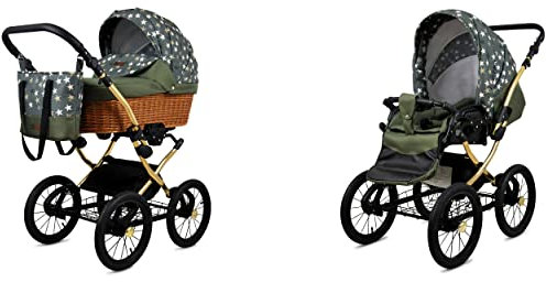 BabyLux ALU 2in1 Kinderwagen für Kleinkinder – Kinderwagen für Neugeborene und Kleinkinder – Baby Neugeborenen Kinderwagen – 59x105x125cm – Max. 15kg – Olive Star Gold Frame